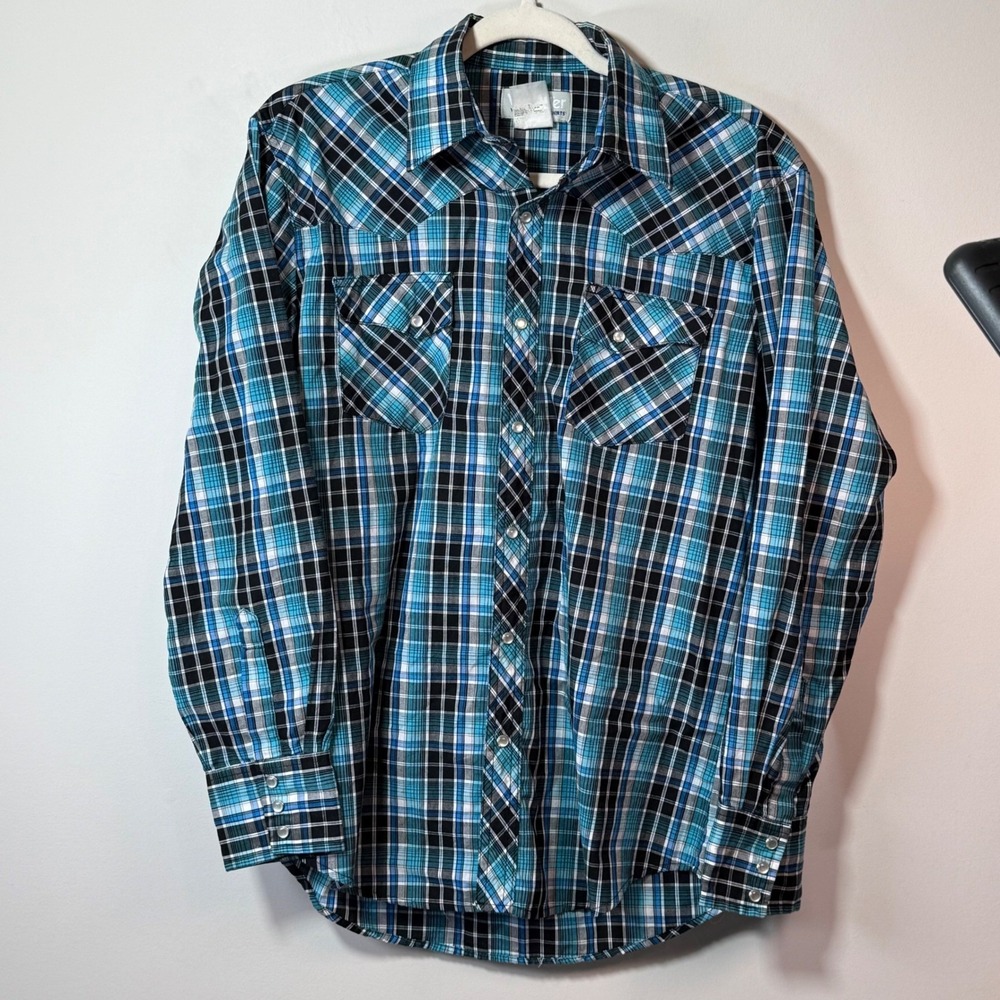 Wrangler Wrancher Western Shirt Men Med Blue Black Plaid Pearl Snap Rodeo Cowboy